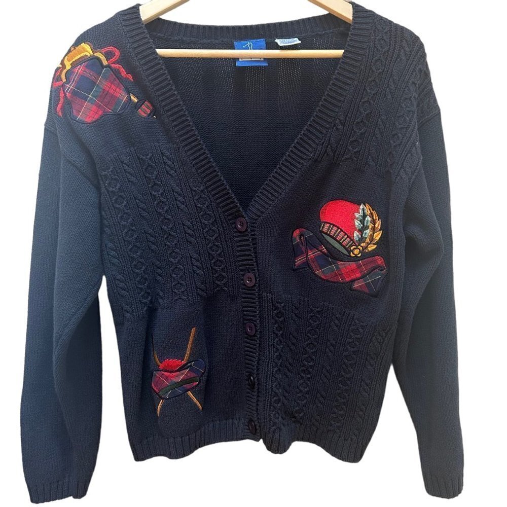 Vintage Pro‎ Golf Cardigan Sweater Blue Chunky Knit Embroidered Cottagecore M